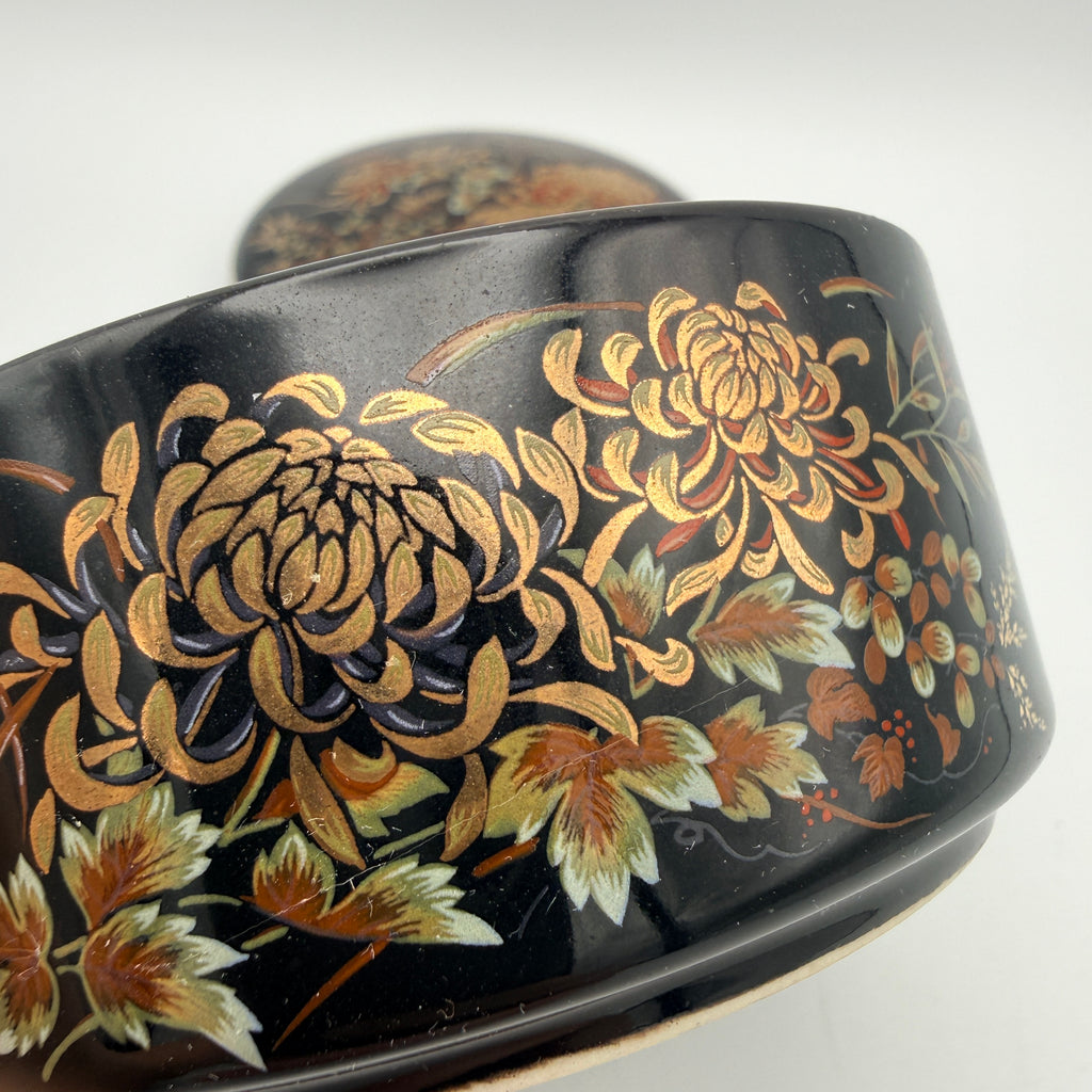 Imperial Kiku Japan Porzellan Dose Schwarz Gold Chrysantheme Vintage 1980 Imperial Kiku