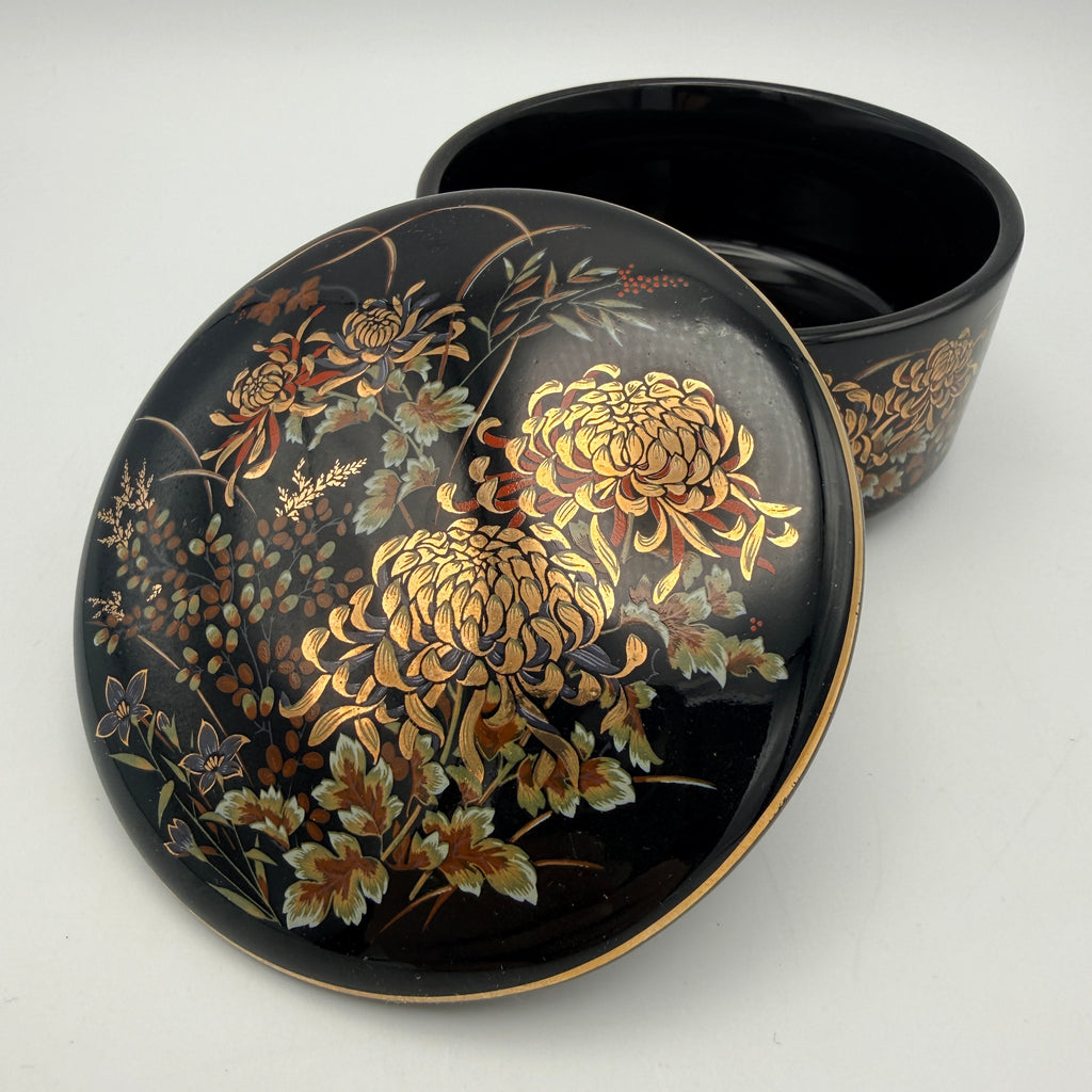 Imperial Kiku Japan Porzellan Dose Schwarz Gold Chrysantheme Vintage 1980 Imperial Kiku