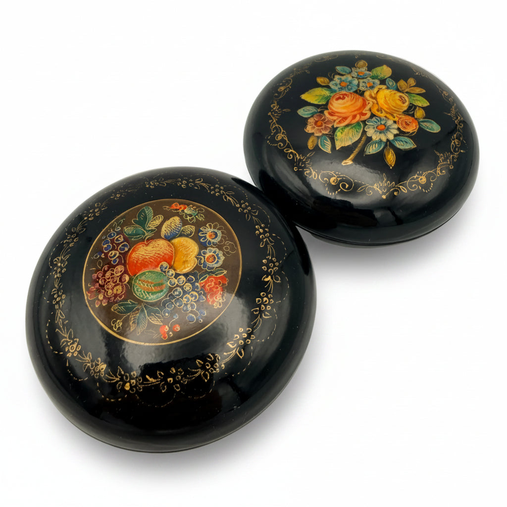Russische Lackdosen Mstjora 2er Set UdSSR Schatulle Blumen Obst Vintage 1970 Showroom Ansbach