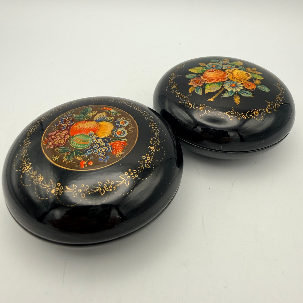 Russische Lackdosen Mstjora 2er Set UdSSR Schatulle Blumen Obst Vintage 1970 Showroom Ansbach