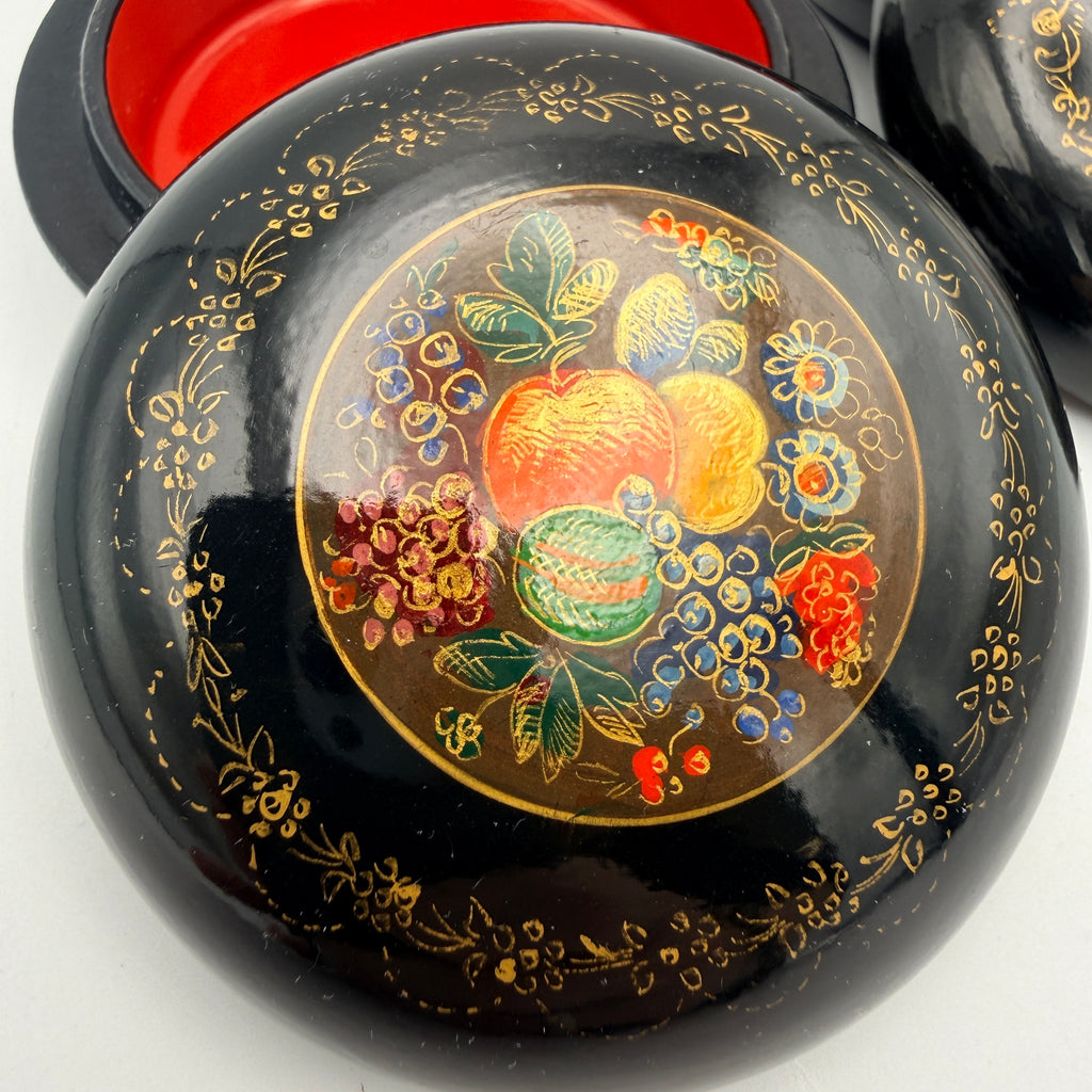 Russische Lackdosen Mstjora 2er Set UdSSR Schatulle Blumen Obst Vintage 1970 Showroom Ansbach