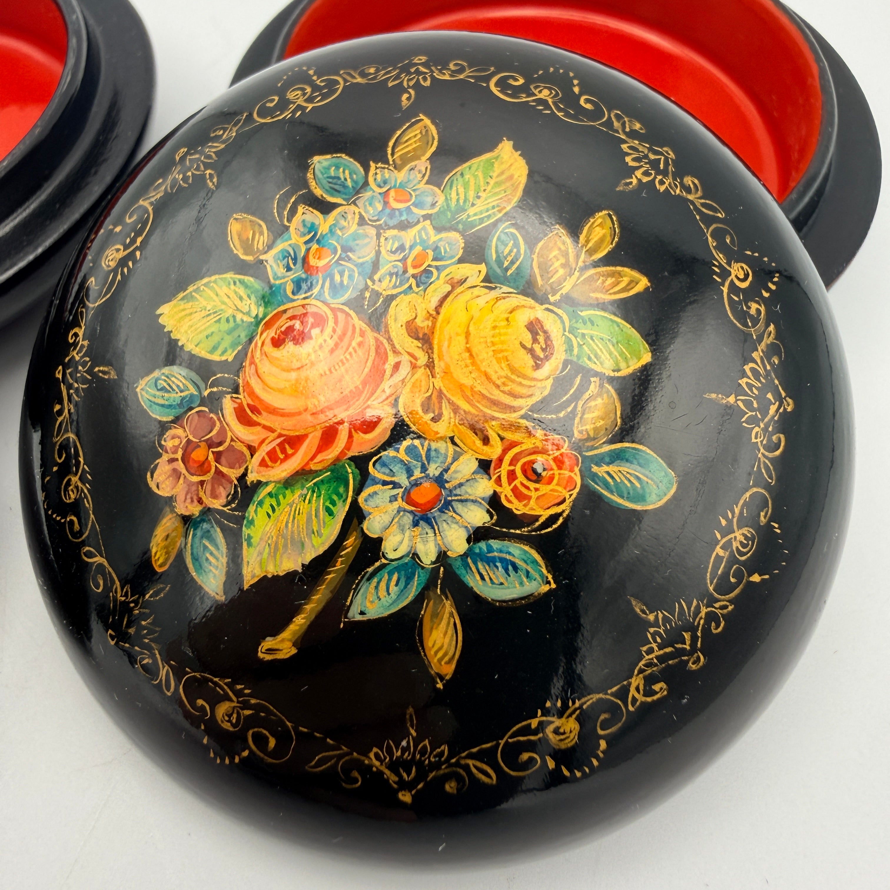 Russische Lackdosen Mstjora 2er Set UdSSR Schatulle Blumen Obst Vintage 1970 Showroom Ansbach