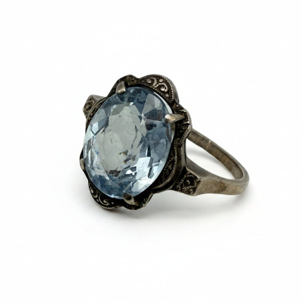 Antiker Art Deco Ring 935 Silber Aquamarin Hellblau Stein Gr 56 Vintage 1930 Showroom Ansbach