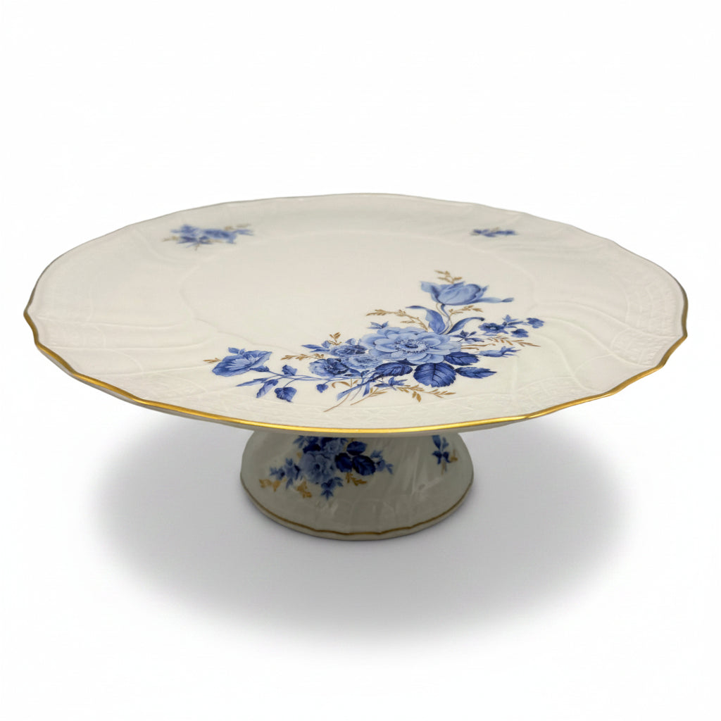 Hutschenreuther Chateau Bleu Tortenplatte mit Standfuss Dresden Gold 1980 Hutschenreuther