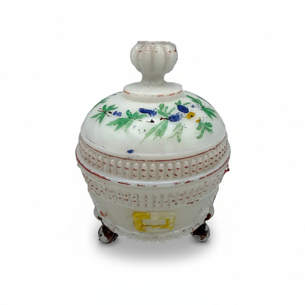 Antike Deckeldose aus Manganglas mit Blumenmalerei, ca. 1900–1930 Showroom Ansbach