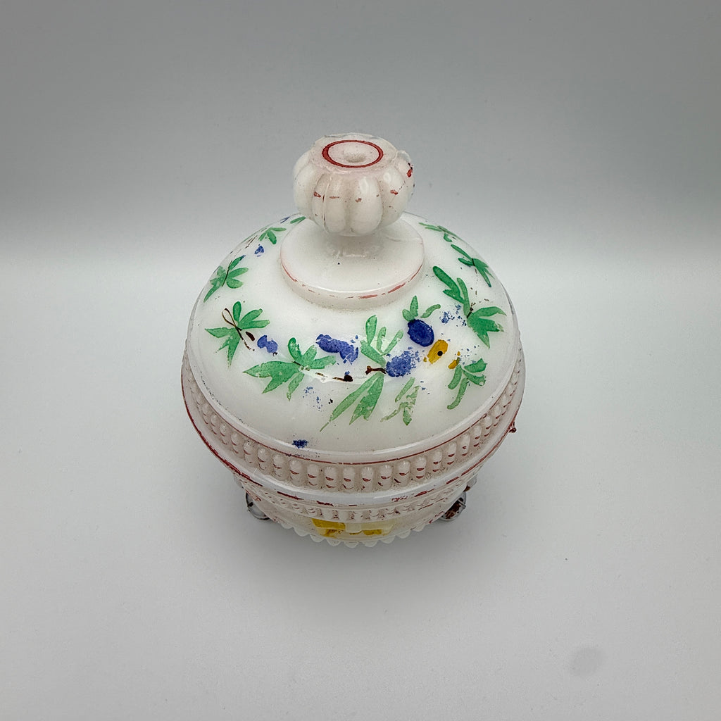 Antike Deckeldose aus Manganglas mit Blumenmalerei, ca. 1900–1930 Showroom Ansbach
