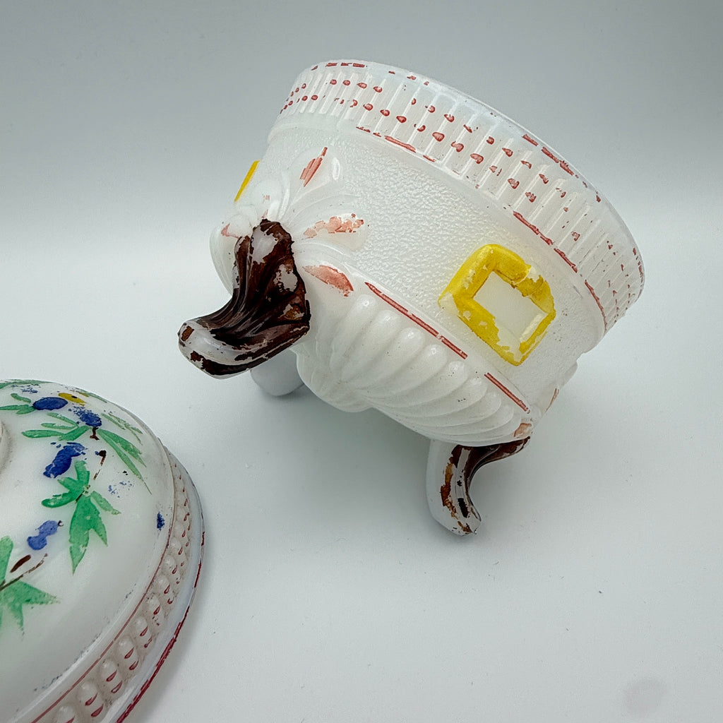 Antike Deckeldose aus Manganglas mit Blumenmalerei, ca. 1900–1930 Showroom Ansbach