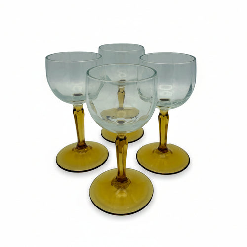 4 Likörgläser mit bernsteinfarbenem Stiel und Fuß – Art déco, ca. 1950er-Jahre Showroom Ansbach