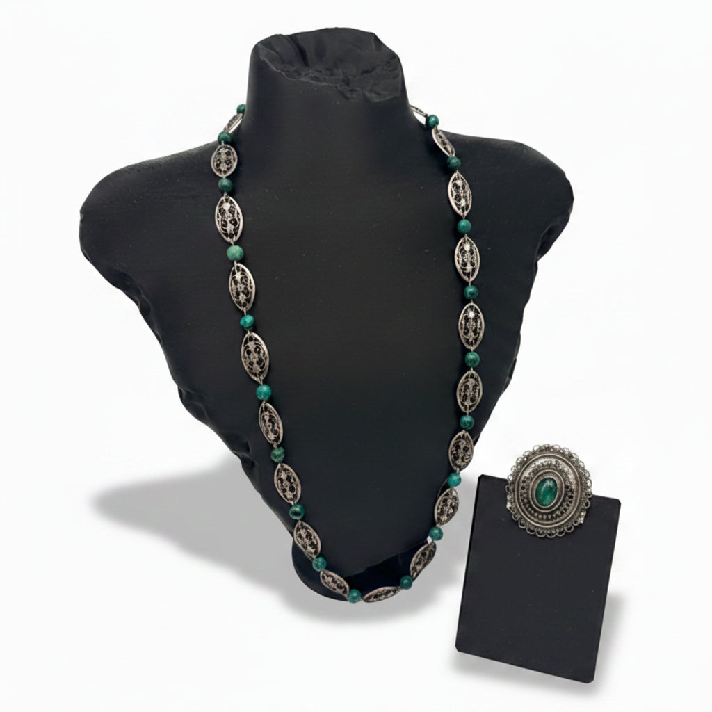 Vintage 925 Silber Schmuckset Kette Brosche Anhänger grüne Steine 1970er–1980er Showroom Ansbach