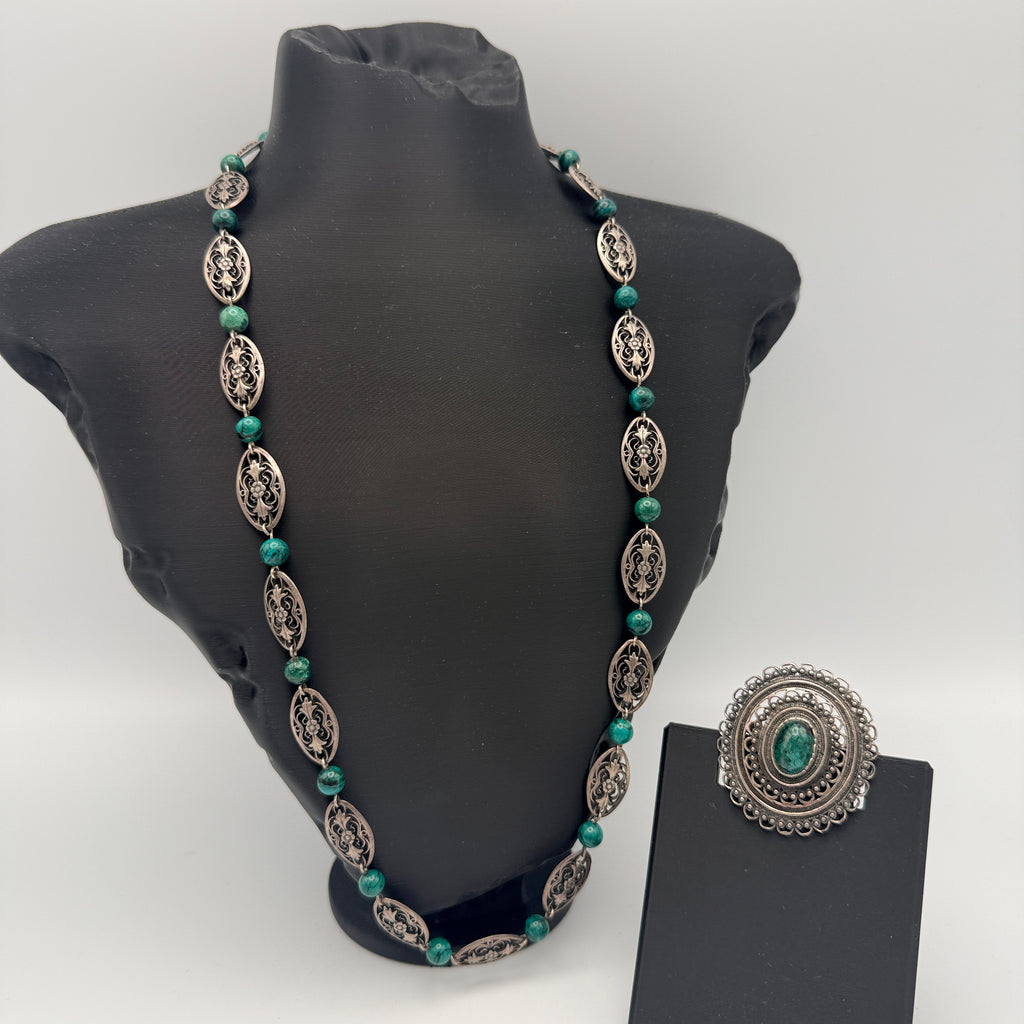 Vintage 925 Silber Schmuckset Kette Brosche Anhänger grüne Steine 1970er–1980er Showroom Ansbach