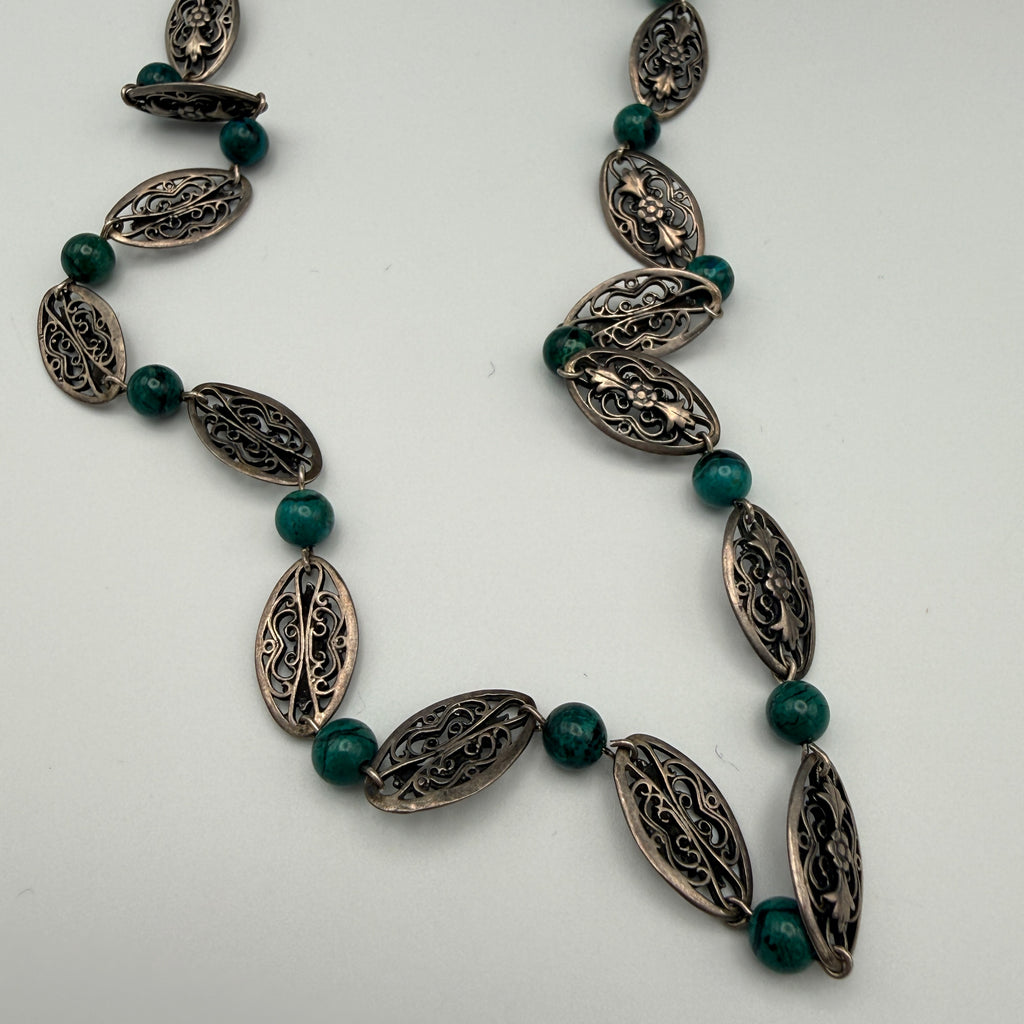 Vintage 925 Silber Schmuckset Kette Brosche Anhänger grüne Steine 1970er–1980er Showroom Ansbach