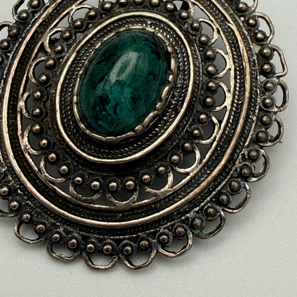 Vintage 925 Silber Schmuckset Kette Brosche Anhänger grüne Steine 1970er–1980er Showroom Ansbach