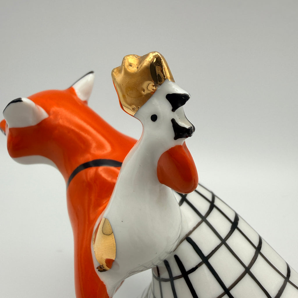Porzellanfigur „Fuchs mit Hahn“ – Verbilki, S. Aseryants – vermutlich 2. Hälfte 20. Jahrhundert DFK Verbilki