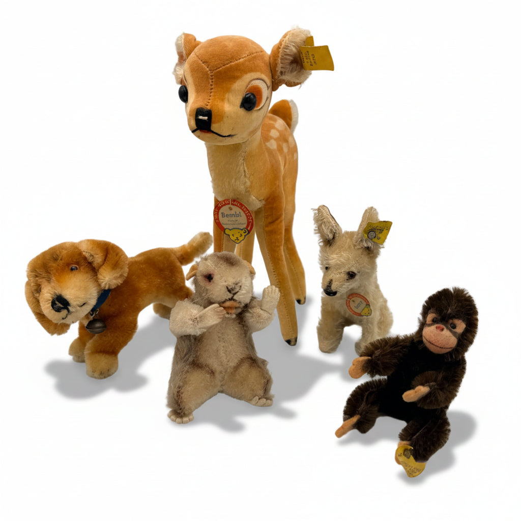 5 Steiff Tiere Bambi Xorry Jocko Bazi Goldy Knopf Fahne 1950er–70er Steiff
