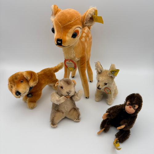 5 Steiff Tiere Bambi Xorry Jocko Bazi Goldy Knopf Fahne 1950er–70er Steiff