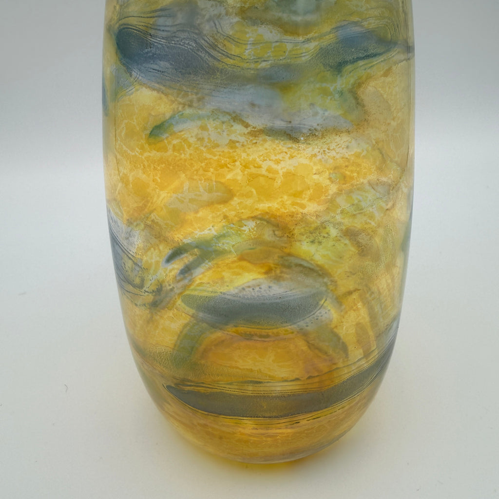 Studioglas Vase signiert Schmidt HK 83 gelb-blau 1983 Schmid