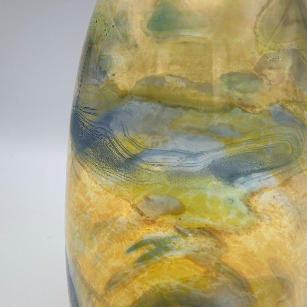 Studioglas Vase signiert Schmidt HK 83 gelb-blau 1983 Schmid