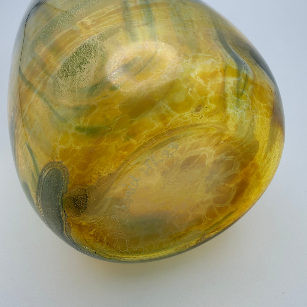 Studioglas Vase signiert Schmidt HK 83 gelb-blau 1983 Schmid