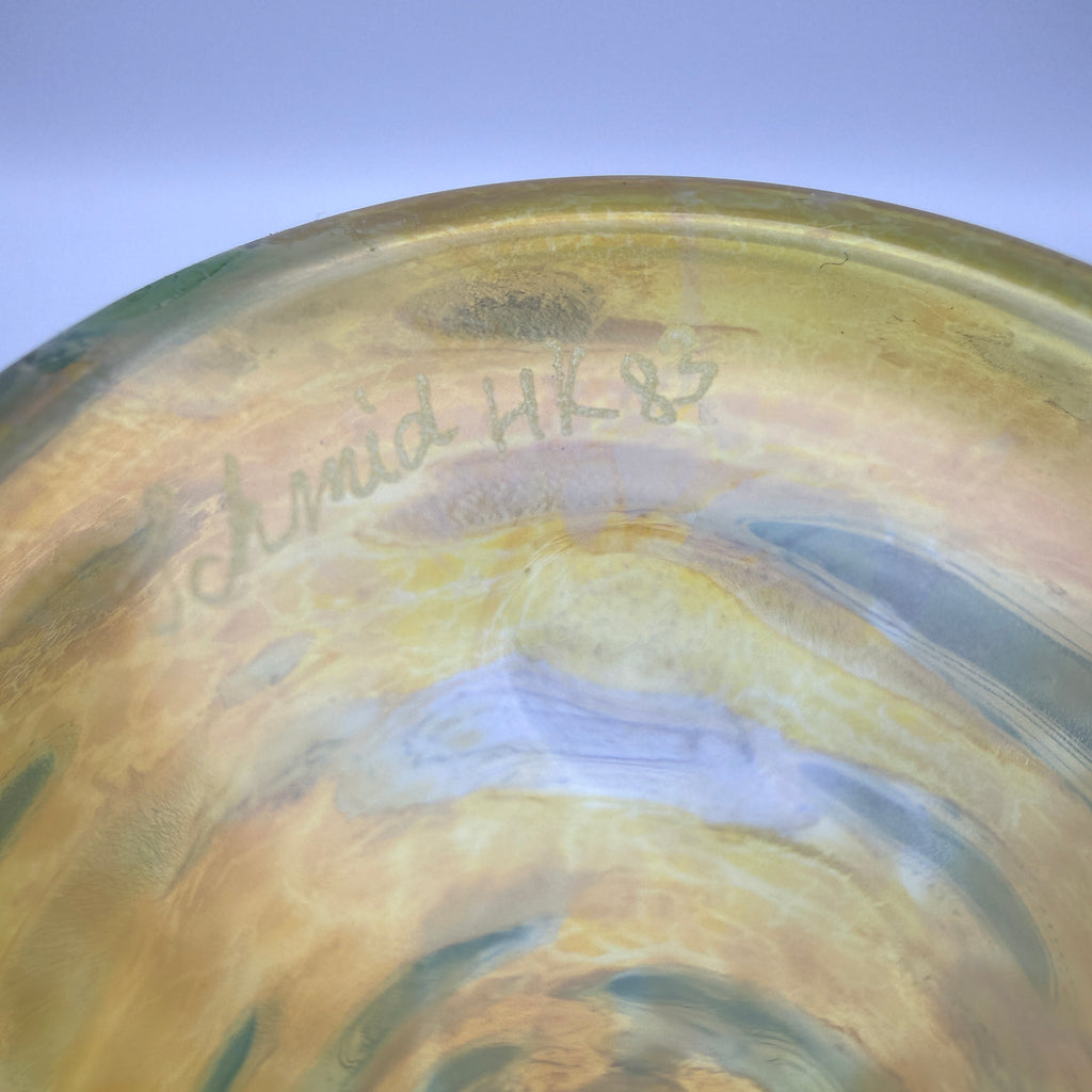 Studioglas Vase signiert Schmidt HK 83 gelb-blau 1983 Schmid