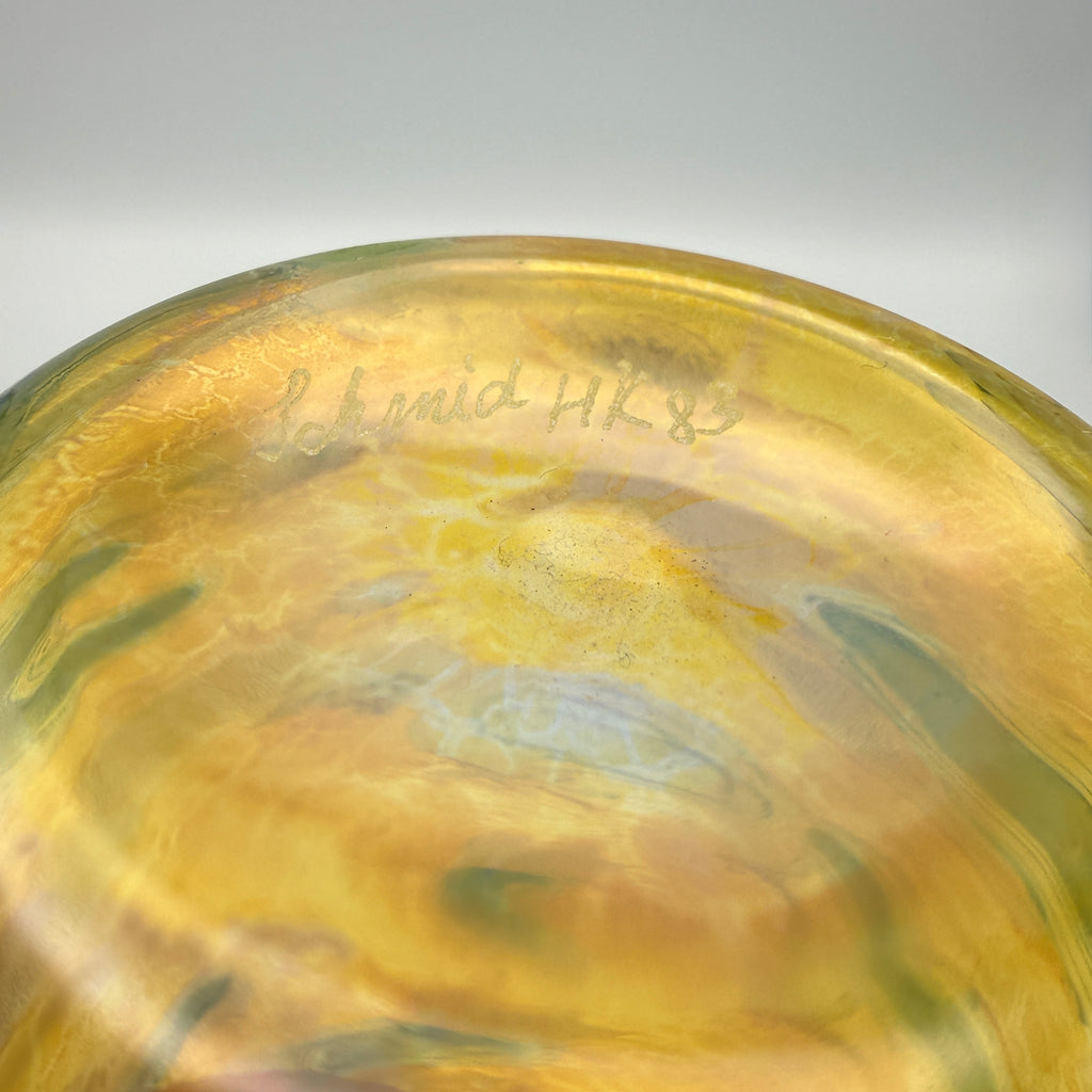 Studioglas Vase signiert Schmidt HK 83 gelb-blau 1983 Schmid