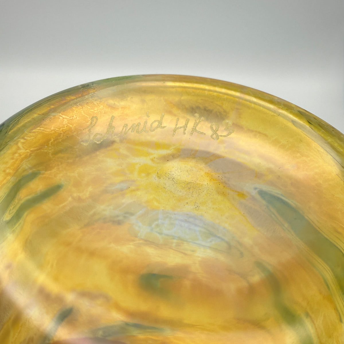 Studioglas Vase signiert Schmidt HK 83 gelb-blau 1983 Schmid
